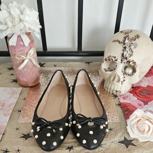 Stuart Weitzman Black Leather Flats with Faux Pearls Size 7